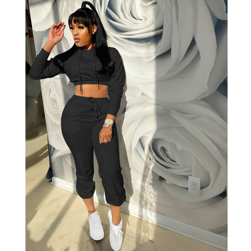Women's Two Piece Pants Women Casual Sports Suits Autumn Female Fitness Workout Running Sets Long Sleeve Hoodies Crop TopSweatpants Plus Size XXL