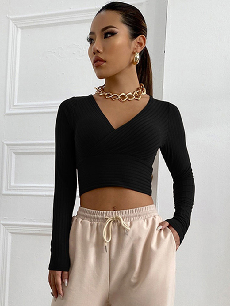 Womens T Shirt Women Casual Solid Long Sleeve Crop Tshirt Fashion VCollar Bare Midriff Stretch Tops Ribbed Knitted Elastic Slim Skinny Tees 220902