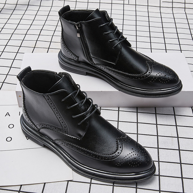 Bullock Ankle Boots Men Shoes Solid Color Carved Round Toe Lace Up Classic PU Stitching Fashion Casual Street Daily AD108