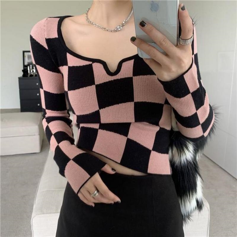 Womens T Shirt Tonngirls Knitted T Shirt Women Clothing Pink Plaid Square Collar Ladies Tops Long Sleeve Korean Slim Skinny Cropped Tees 220902