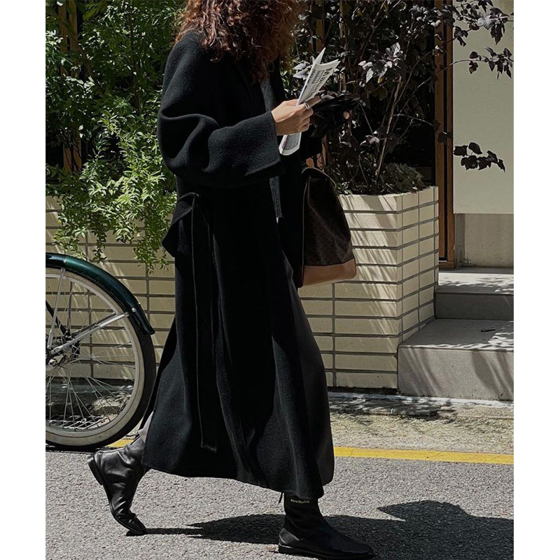 Women's Wool Blends Korean Classic Handmade len Overcoat Women Autumn And Winter DoubleSided Long Loose Lacing Belt Black 100% Coat 220902