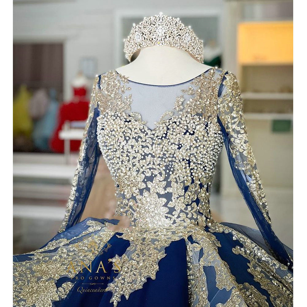 Royal Blue Long Sleeve Princess Quinceanera Dresses lace-up corset Gold Appliques Pearls Beading prom Sweet 16 Vestidos De 15 Anos