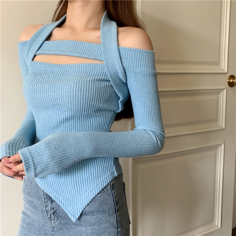 Womens T Shirt Tonngirls Sexy Women Tshirt Knit Long Sleeve Tops Hollow Halter Slim Irregular T Shirt Solid Autumn Winter Tee Tops Streetwear 220902
