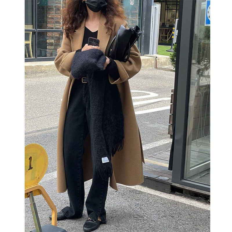 Women's Wool Blends Korean Classic Handmade len Overcoat Women Autumn And Winter DoubleSided Long Loose Lacing Belt Black 100% Coat 220902