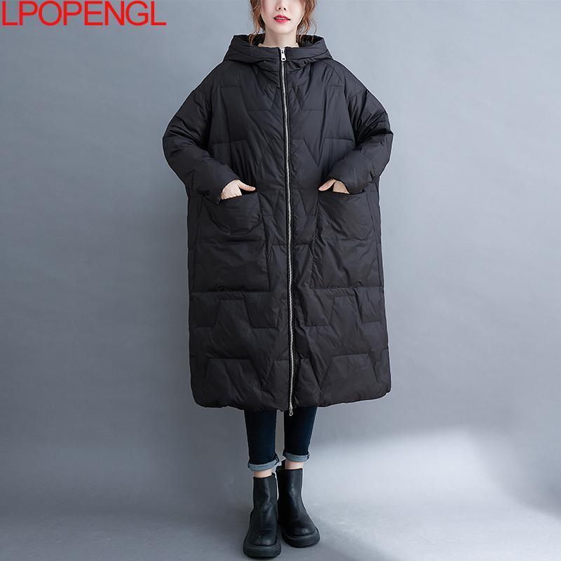 Womens Down Parkas Solid Color Lightweight White Duck Down Jacket Womens Winter Loose Long Overtheknee Cotton Hooded Jacket Trendy 220902