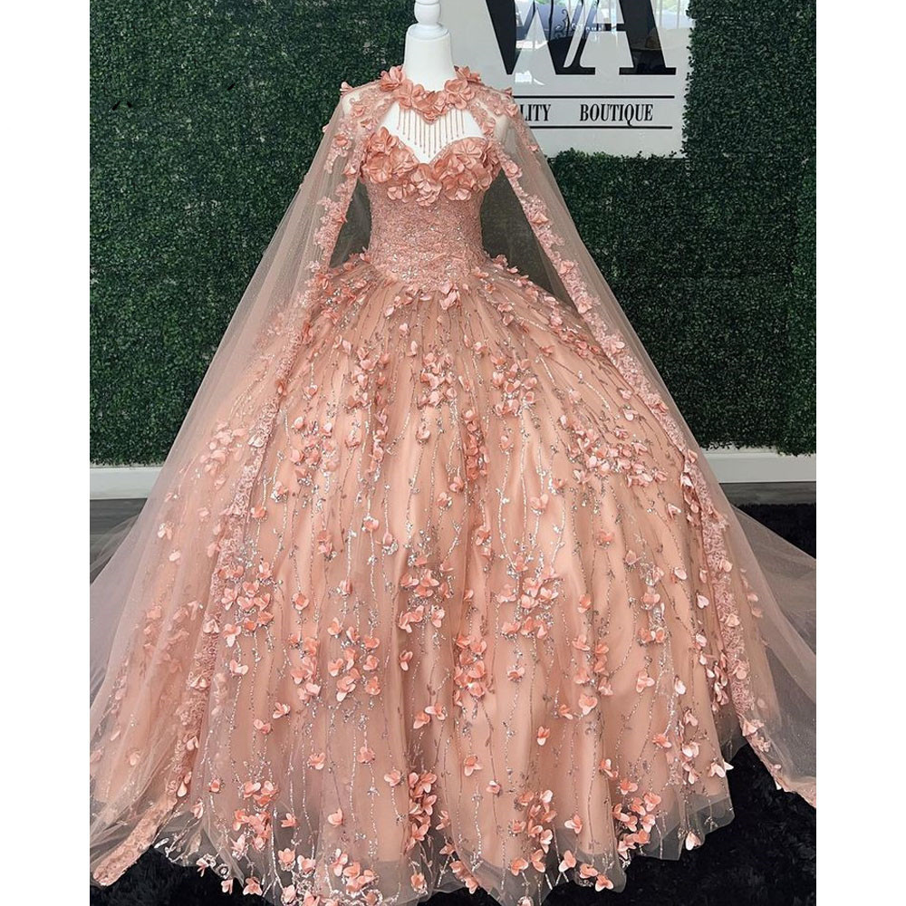 Blush Flower princess Quinceanera Dresses prom sweet 15 Party Formal 3D floral Lace-up corset Applqiue Cloak cape Birthday Gowns