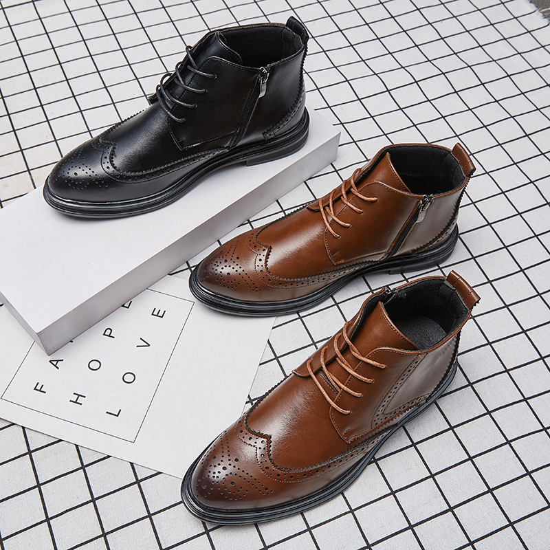 Bullock Ankle Boots Men Shoes Solid Color Carved Round Toe Lace Up Classic PU Stitching Fashion Casual Street Daily AD108