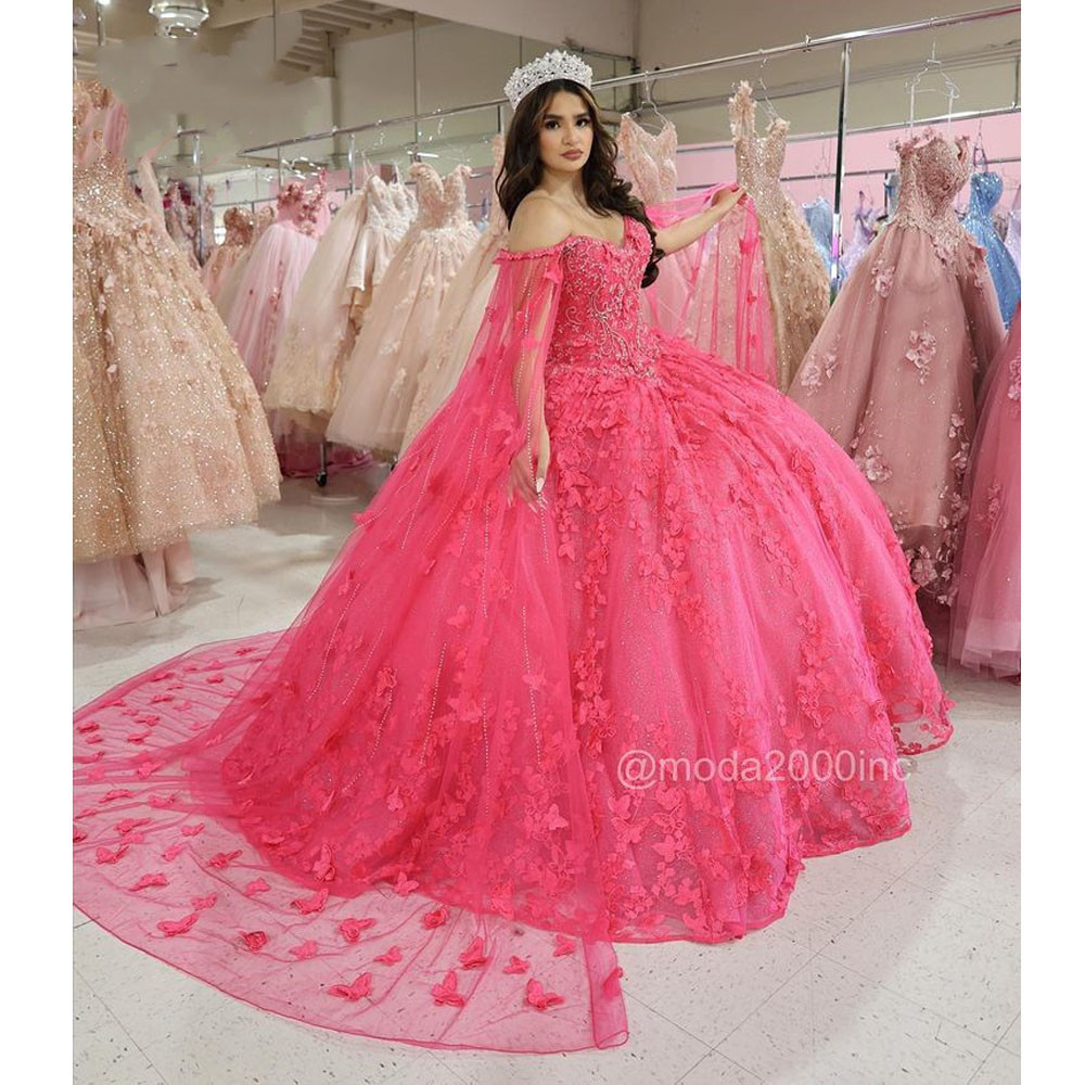 Fuchsia Off Shoulder Princess Quinceanera Dresses with cape Butterfly Lace-Up corset prom Sweet 16 Dress Vestidos De 15 Anos