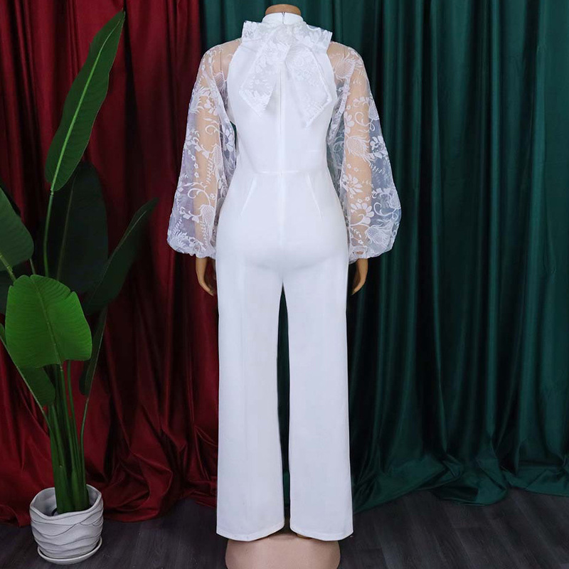 Women's Jumpsuits Rompers White Elegant for Women Lantern Sleeve High Waisted Solid Fashion Office Ladies Formal Business Work Wear Overalls 2209
