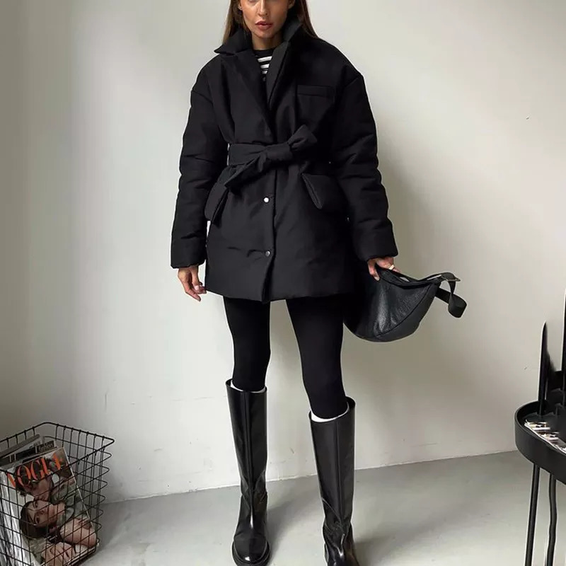 Womens Down Parkas Casual Notched Parkas Women Fashion Tie Belt Solid Black Coats Women Elegant Single Breasted Cotton Jackets Female Ladies traf 2209