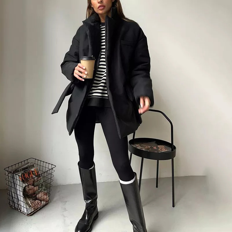 Womens Down Parkas Casual Notched Parkas Women Fashion Tie Belt Solid Black Coats Women Elegant Single Breasted Cotton Jackets Female Ladies traf 2209