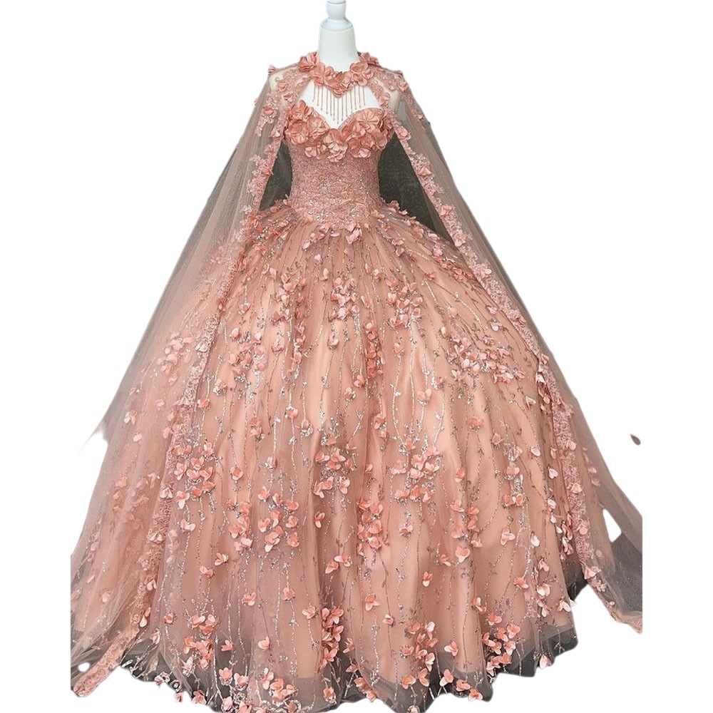 Blush Flower princess Quinceanera Dresses prom sweet 15 Party Formal 3D floral Lace-up corset Applqiue Cloak cape Birthday Gowns