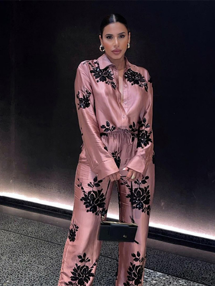 Womens Two Piece Pants Woman 2 Pieces Shirts Pants Suit Fashion Printed Blouses Tops Straight Trousers Set Female Casual Single Breasted Shirt 220902