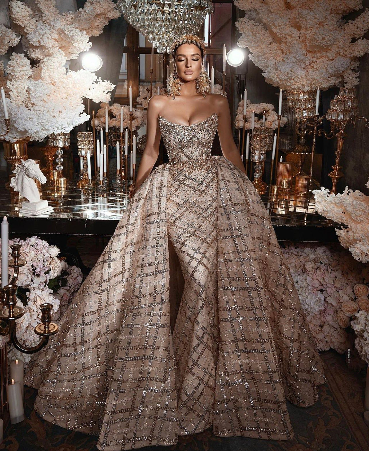 Exquisite Strapless Mermaid Wedding Dress Beads Crystal Lace Arabic Detachable Train Trumpet Bridal Gowns Robe De Soiree