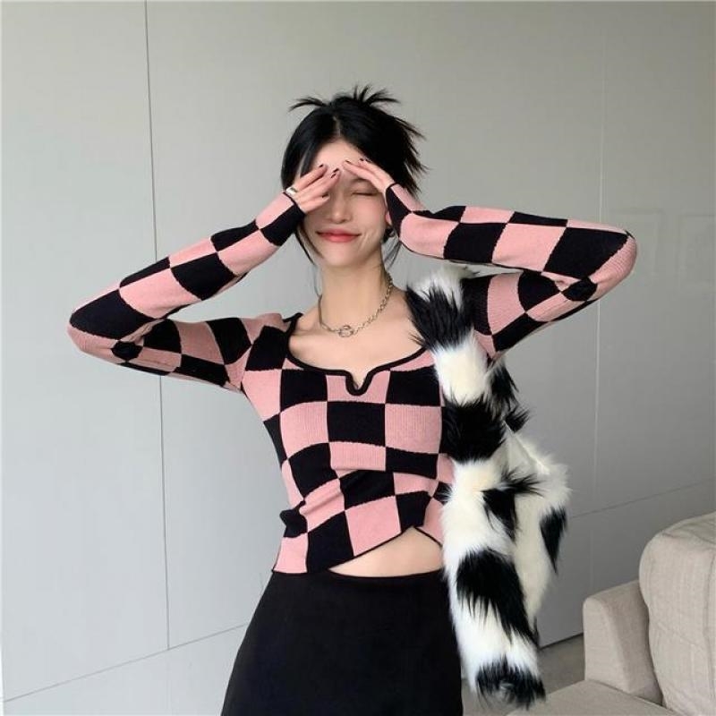 Womens T Shirt Tonngirls Knitted T Shirt Women Clothing Pink Plaid Square Collar Ladies Tops Long Sleeve Korean Slim Skinny Cropped Tees 220902