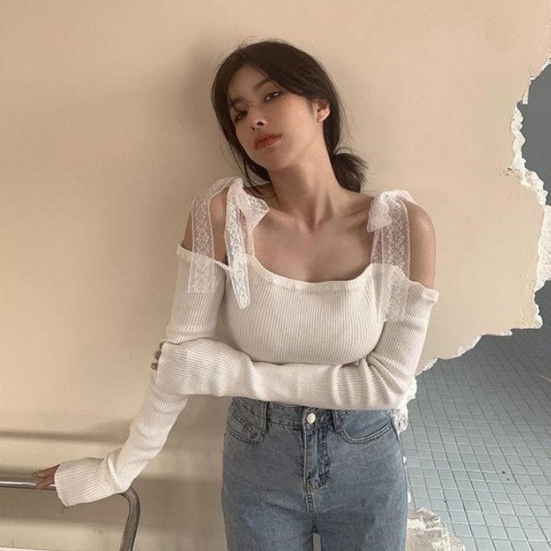Womens T Shirt Tonngirls Slash Neck Lace Womens T Shirt Sweet Off Shoulder Long Sleeve Crop Tops T Shirt Spring Harajuku Tees Korean 220902