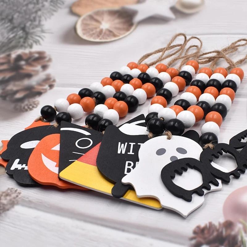 Party Halloween Decoration Decor Wooden Beads Garland Pumpkin Ghost Skull Wood Chip Pendant For Home Rustic Hanging Ornament 902