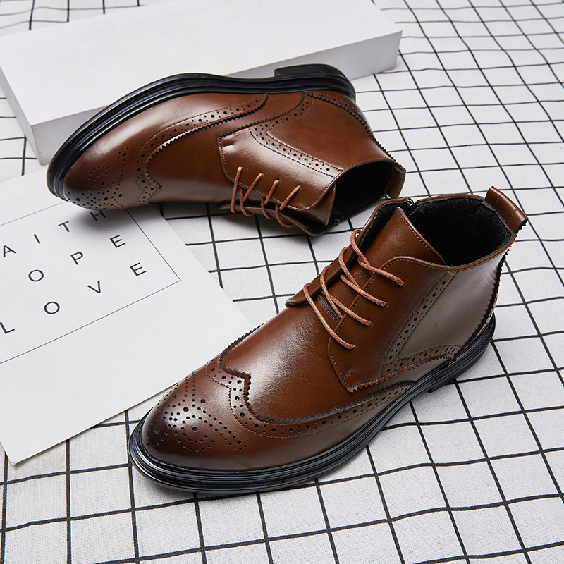 Bullock Ankle Boots Men Shoes Solid Color Carved Round Toe Lace Up Classic PU Stitching Fashion Casual Street Daily AD108