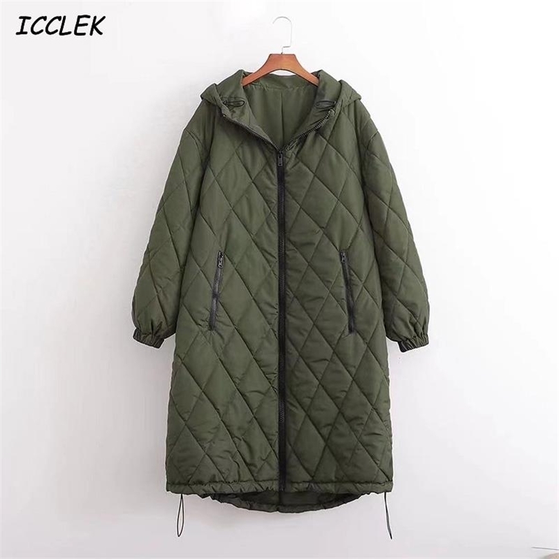Womens Down Parkas Icclek Womens Winter Jacket Oversize Parkas Hoodies Jackets Vintage Coats Plaid Overcoat Female Solid Pockets Long Sleeves Coat 220