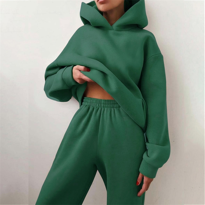 Women's Two Piece Pants Women Tracksuit Set Solid Long Sleeve Sport Suits Autumn Winter Warm Hooded Sweatshirts And Jogger Pants Fleece Two Piece