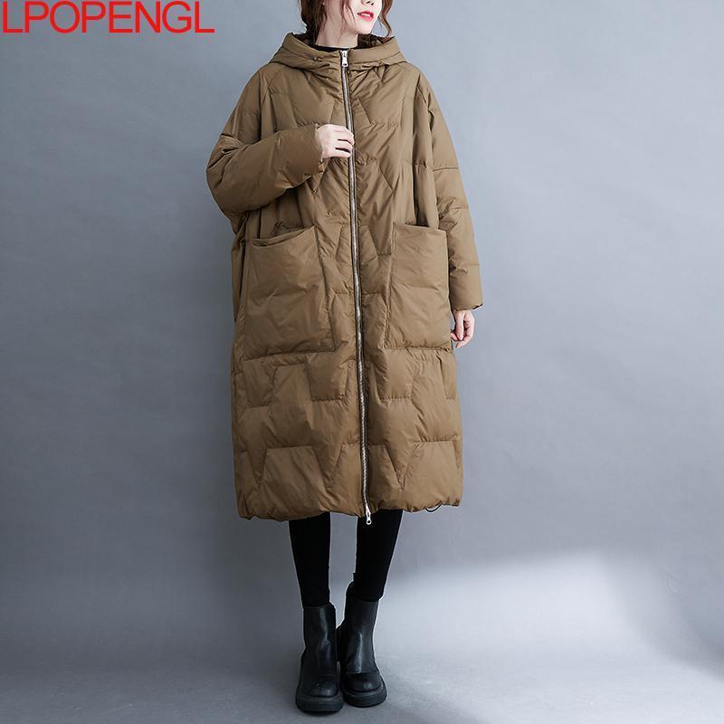 Womens Down Parkas Solid Color Lightweight White Duck Down Jacket Womens Winter Loose Long Overtheknee Cotton Hooded Jacket Trendy 220902