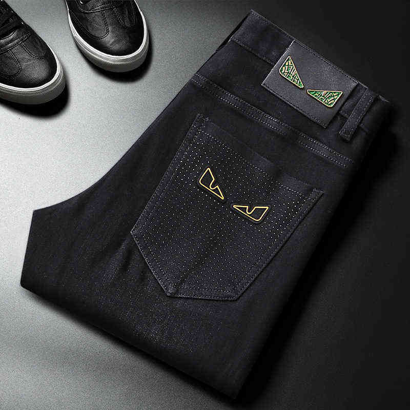 End High Printed Jeans Men's Autumn Fashion Stamping Trend Grey Black Scratch Fit Pants