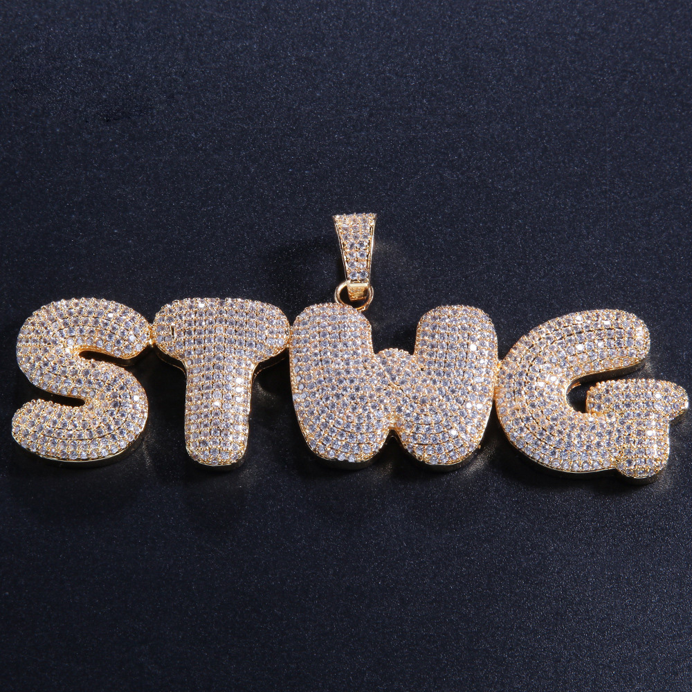 TopBling Hip Hop A-Z Custom Pendant Necklace Full Zircon Bubble Letter 18K Real Gold Plated Jewelry