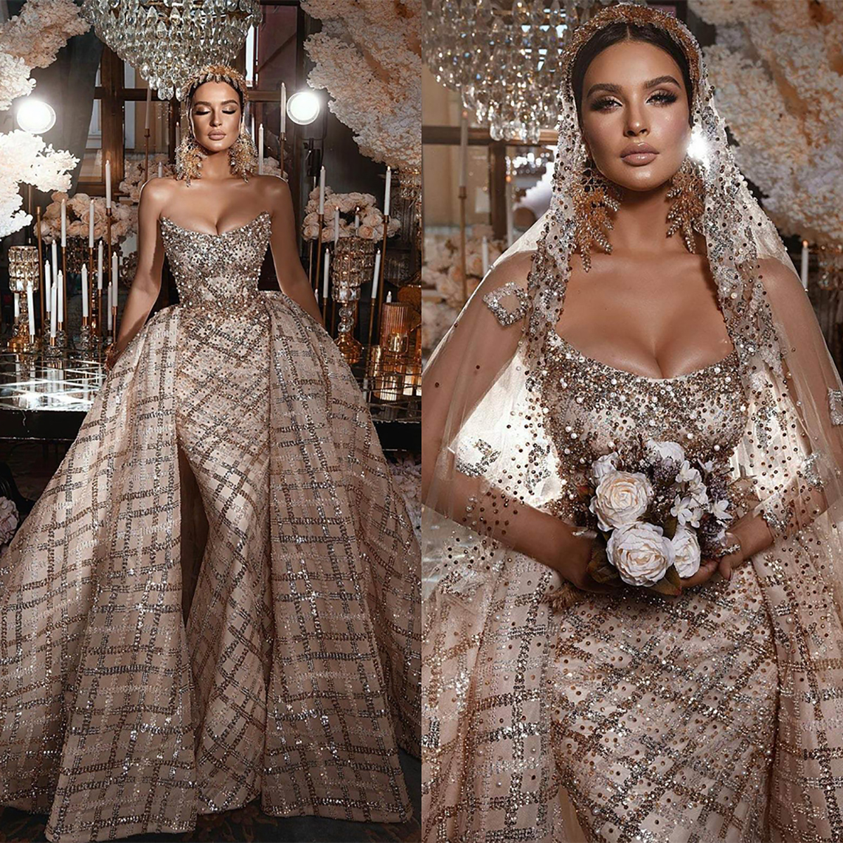 Exquisite Strapless Mermaid Wedding Dress Beads Crystal Lace Arabic Detachable Train Trumpet Bridal Gowns Robe De Soiree