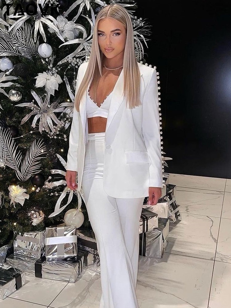 Womens Two Piece Pants TAOVK Womens Blazer Suit Vintage Pearls Beading Jackets with pant Office Outwear Streetwear 2 piece set 220902