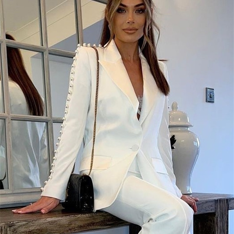 Womens Two Piece Pants TAOVK Womens Blazer Suit Vintage Pearls Beading Jackets with pant Office Outwear Streetwear 2 piece set 220902