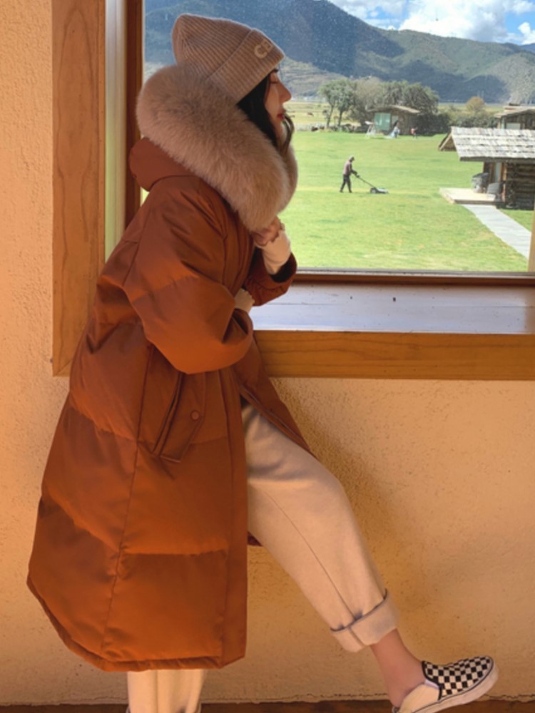 Womens Down Parkas Winter High Quality Fur Collar Long Padded Coat For Women Thick Warm Overcoat Female Loose Pocket Zipper Outerwear 220902