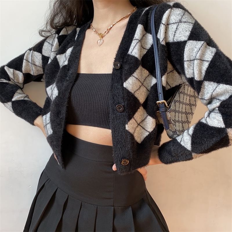 Womens T Shirt Tonngirls Preppy Style Cardigan Women Long Sleeve Knitted Cardigan Argyle Cashmere Cardigan Streetwear Black Sweater Winter 220902
