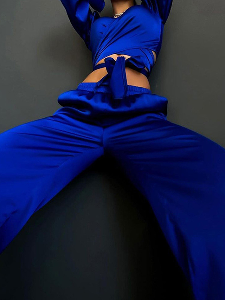 Women's Two Piece Pants Solid Satin Shirt Women Set VNeck Flared Long Sleeve LaceUp Top High Waist Pant Female Sets Fashion Casual Lady Suit 2209