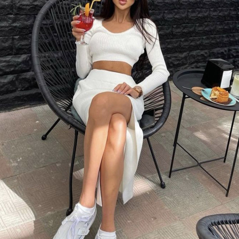 Casual Dresses Knit Women's Turtleneck Sweater Midi Skirt Set Winter Loose Long Sleeve Pullovers Side Split Skirts Sets Ladies Sexy Suit 220902