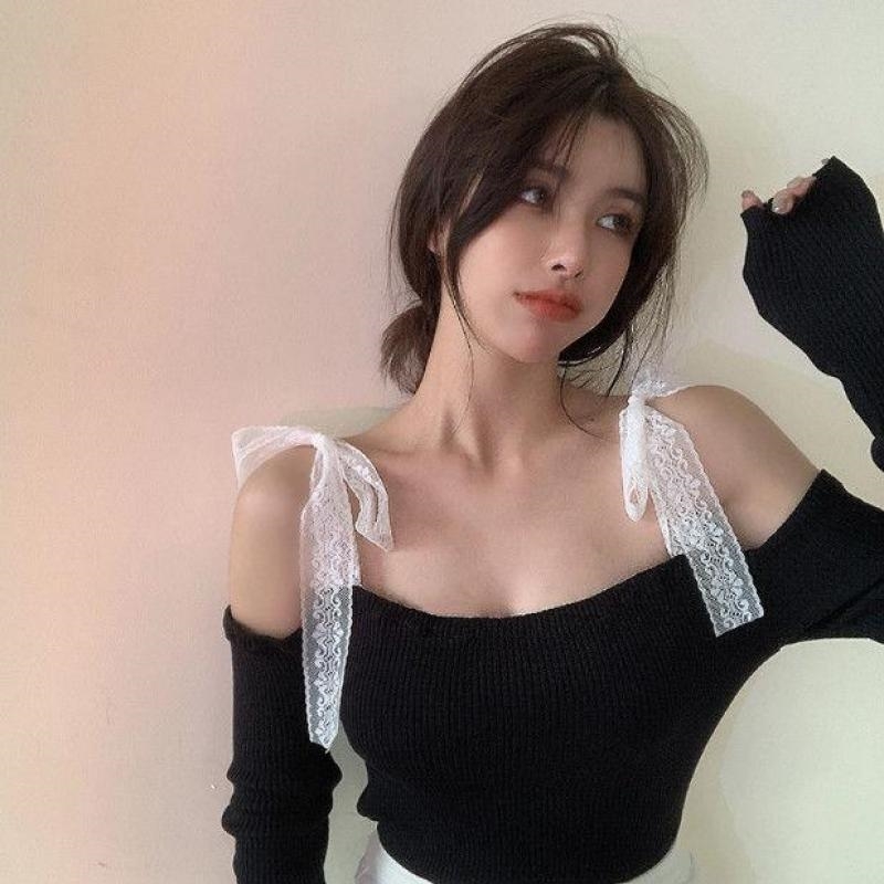 Womens T Shirt Tonngirls Slash Neck Lace Womens T Shirt Sweet Off Shoulder Long Sleeve Crop Tops T Shirt Spring Harajuku Tees Korean 220902
