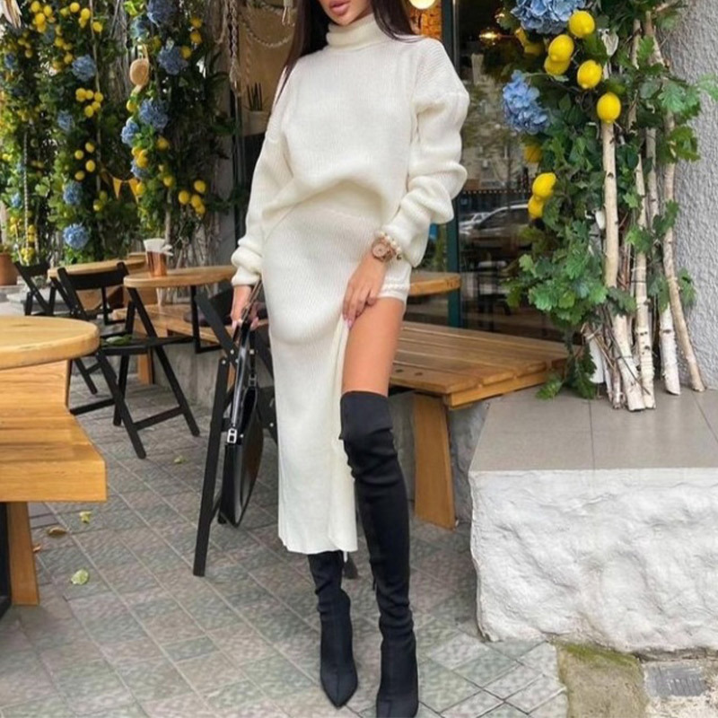 Casual Dresses Knit Women's Turtleneck Sweater Midi Skirt Set Winter Loose Long Sleeve Pullovers Side Split Skirts Sets Ladies Sexy Suit 220902