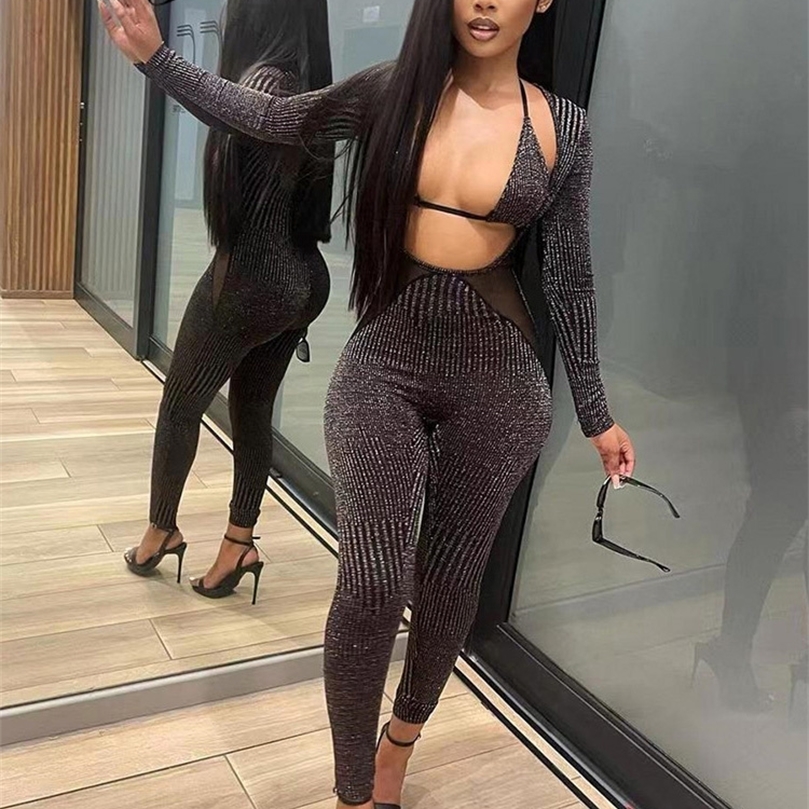 Womens Two Piece Pants Dulzura Bling Glitter Sequins Y2K Outfits 2 Piece Set Lace Up Long Sleeve Halter Crop Top Jumpsuit Matching Suit Streetwear 220