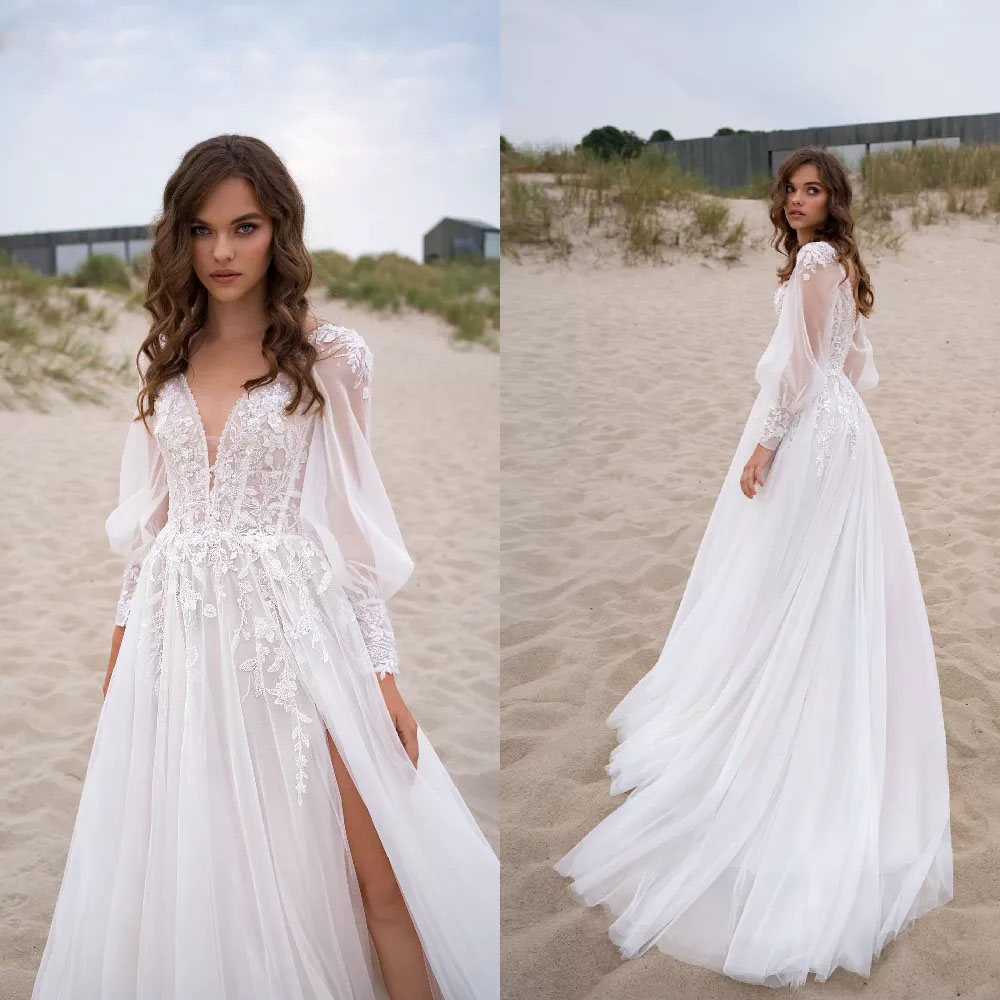 Newest Long Puff Sleeve Boho Wedding Dress 2022 Deep V-Neck High Split Appliques Bride Gowns Beach Wedding, Champagne
Newest Long Puff Sleeve Boho Wedding Dress 2022 Deep V-Neck High Split Appliques Bride Gowns Beach Wedding, Champagne