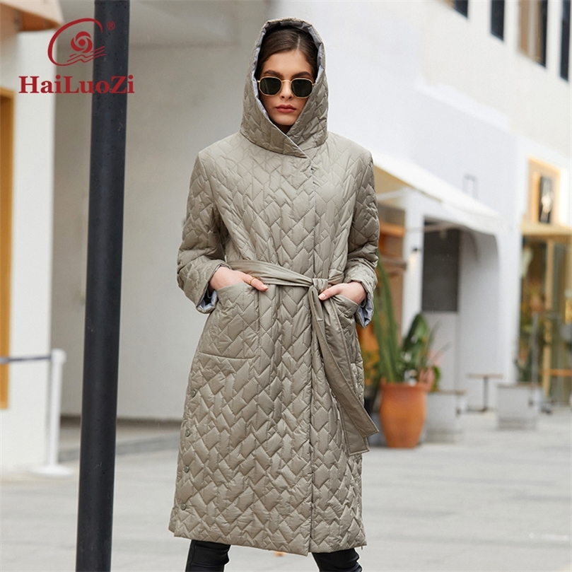 Womens Down Parkas HaiLuoZi Spring Jacket For Women Long Female Coat Warm Casual Parkas Fashion Belt Decorate Hooded Quilted Clothing 7081 220902