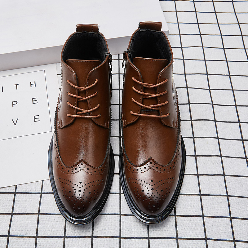 Bullock Ankle Boots Men Shoes Solid Color Carved Round Toe Lace Up Classic PU Stitching Fashion Casual Street Daily AD108