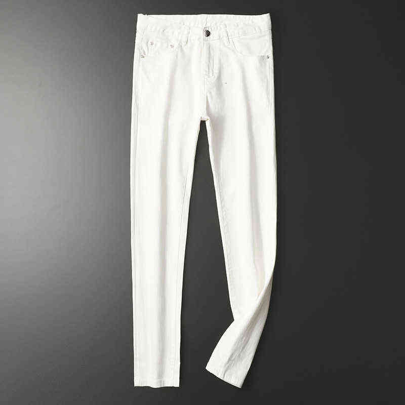 and Spring Summer White Embroidered Jeans Men's Fashion Elastic Slim Fit Feet
