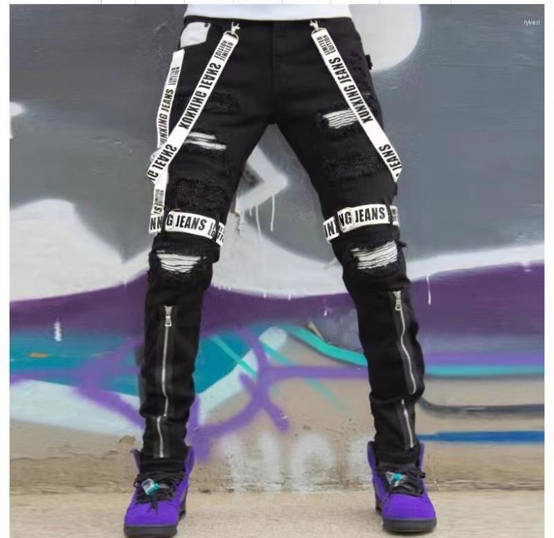 Men' Jeans Fashion Ribbon Men Holes And Feet Zipper Slim Denim Pants, Black 
Men' Jeans Fashion Ribbon Men Holes And Feet Zipper Slim Denim Pants, Black