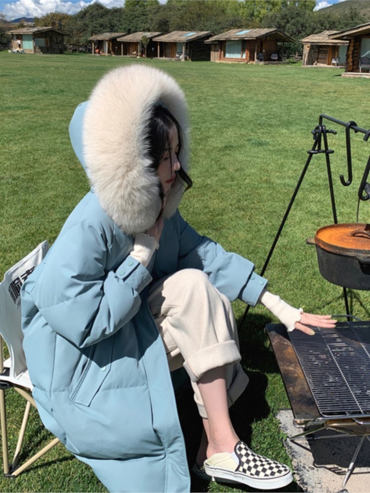 Womens Down Parkas Winter High Quality Fur Collar Long Padded Coat For Women Thick Warm Overcoat Female Loose Pocket Zipper Outerwear 220902