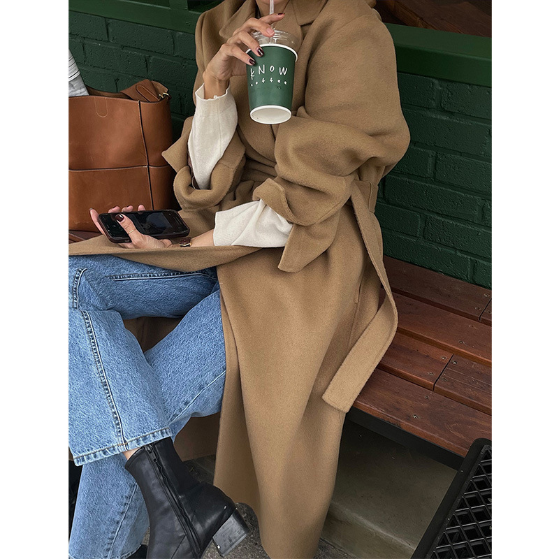 Women's Wool Blends Korean Classic Handmade len Overcoat Women Autumn And Winter DoubleSided Long Loose Lacing Belt Black 100% Coat 220902