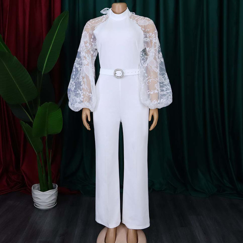 Women's Jumpsuits Rompers White Elegant for Women Lantern Sleeve High Waisted Solid Fashion Office Ladies Formal Business Work Wear Overalls 2209
