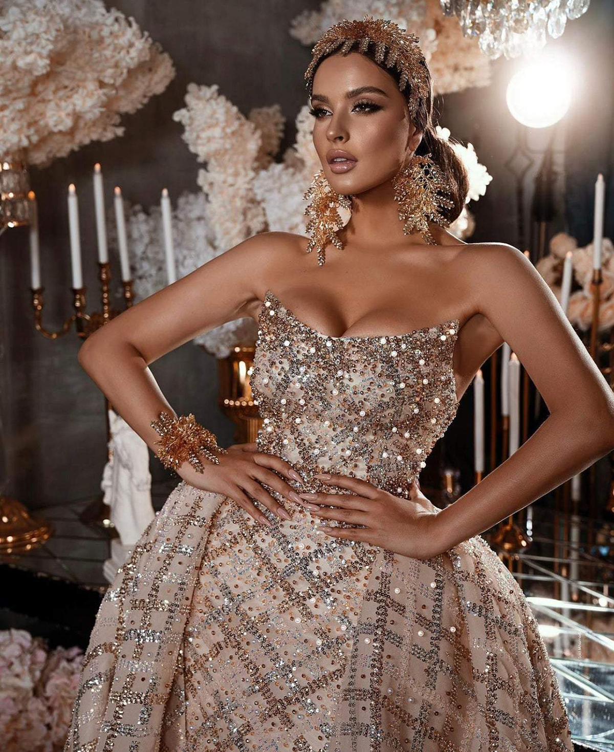 Exquisite Strapless Mermaid Wedding Dress Beads Crystal Lace Arabic Detachable Train Trumpet Bridal Gowns Robe De Soiree