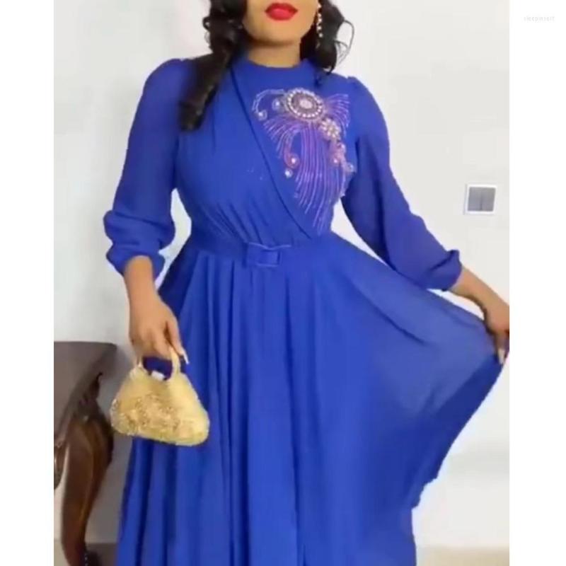Plus Size Dresses Autumn African Print Chiffon Dress Robe Lace Embroidery, Blue