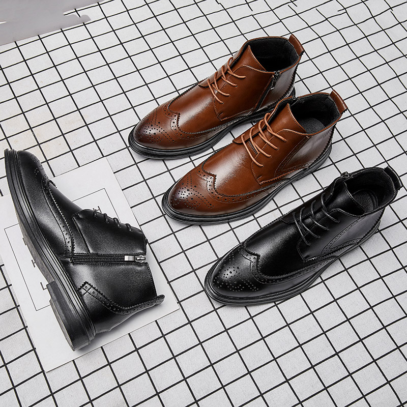 Bullock Ankle Boots Men Shoes Solid Color Carved Round Toe Lace Up Classic PU Stitching Fashion Casual Street Daily AD108