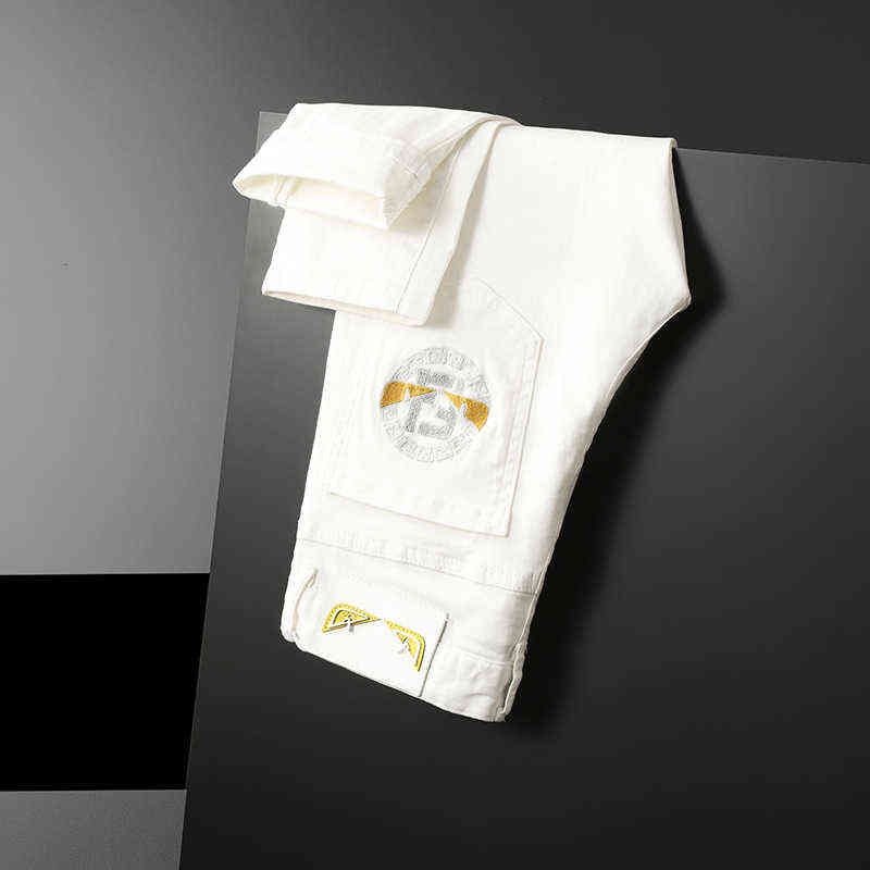 and Spring Summer White Embroidered Jeans Men's Fashion Elastic Slim Fit Feet