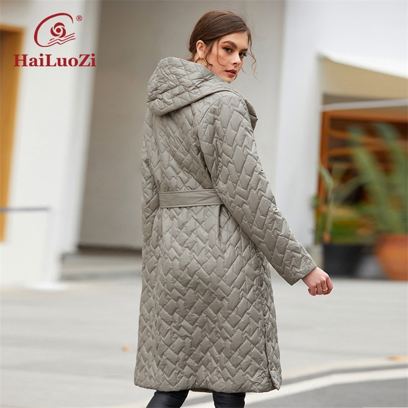 Womens Down Parkas HaiLuoZi Spring Jacket For Women Long Female Coat Warm Casual Parkas Fashion Belt Decorate Hooded Quilted Clothing 7081 220902